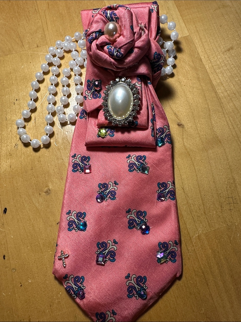 Pink 100% Silk Necklace Tie Accessory with Pearl Accent